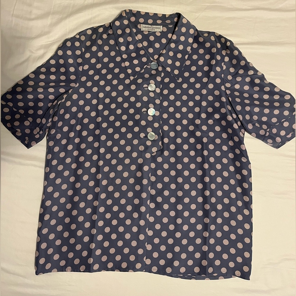 Valentino vintage blue polka dot silk short sleeve blouse